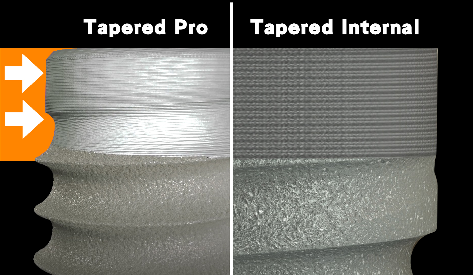 Tapered Pro 頸部內縮設計與 Tapered Internal 植體外型比較